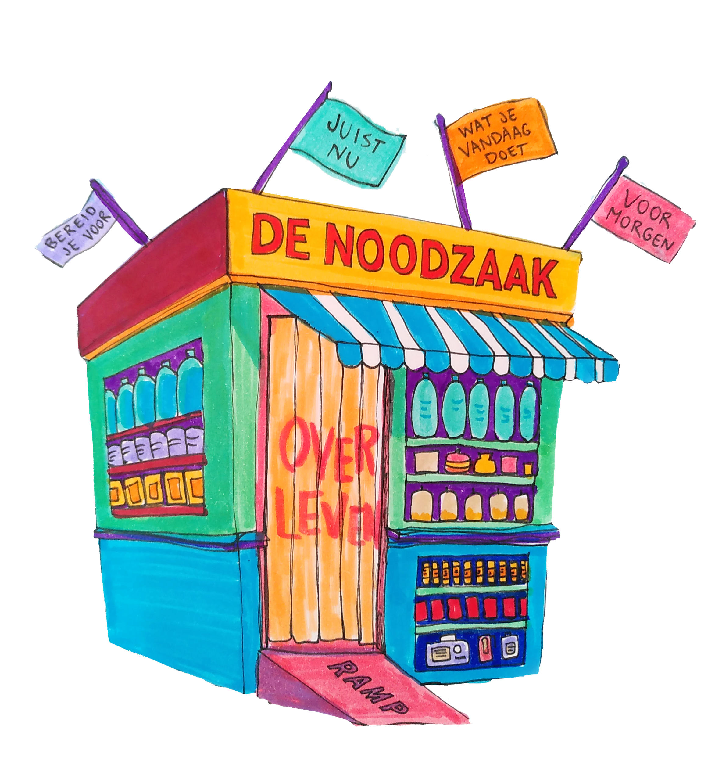 illustratie van De Noodzaak: een kleurrijk houten winkeltje. Op de deur staat OVERLEVEN