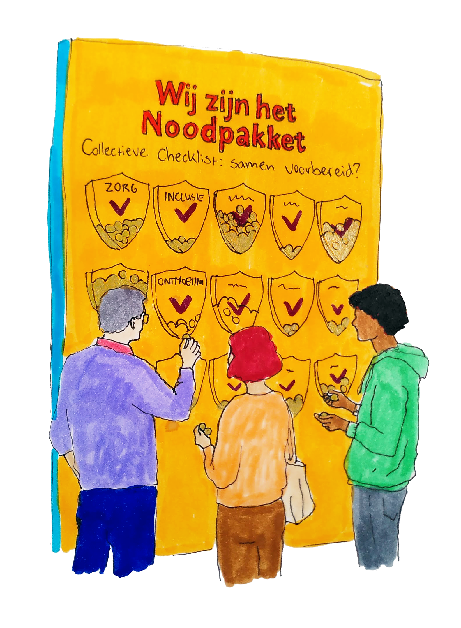 illustratie van drie bezoekers die voor een muur met bakjes staan. Op de muur staat geschreven: Wij zijn het noodpakket. Collectieve Checklist: samen voorbereid?